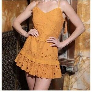 Walter Baker Eyelet Mini Dress Orange Mustard Cotton Straps With tassel Size 2